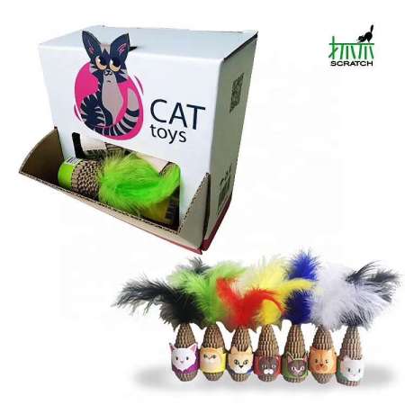 recyclable material high quality interactive pet playing toy with colorful feather durable cardboard pet product